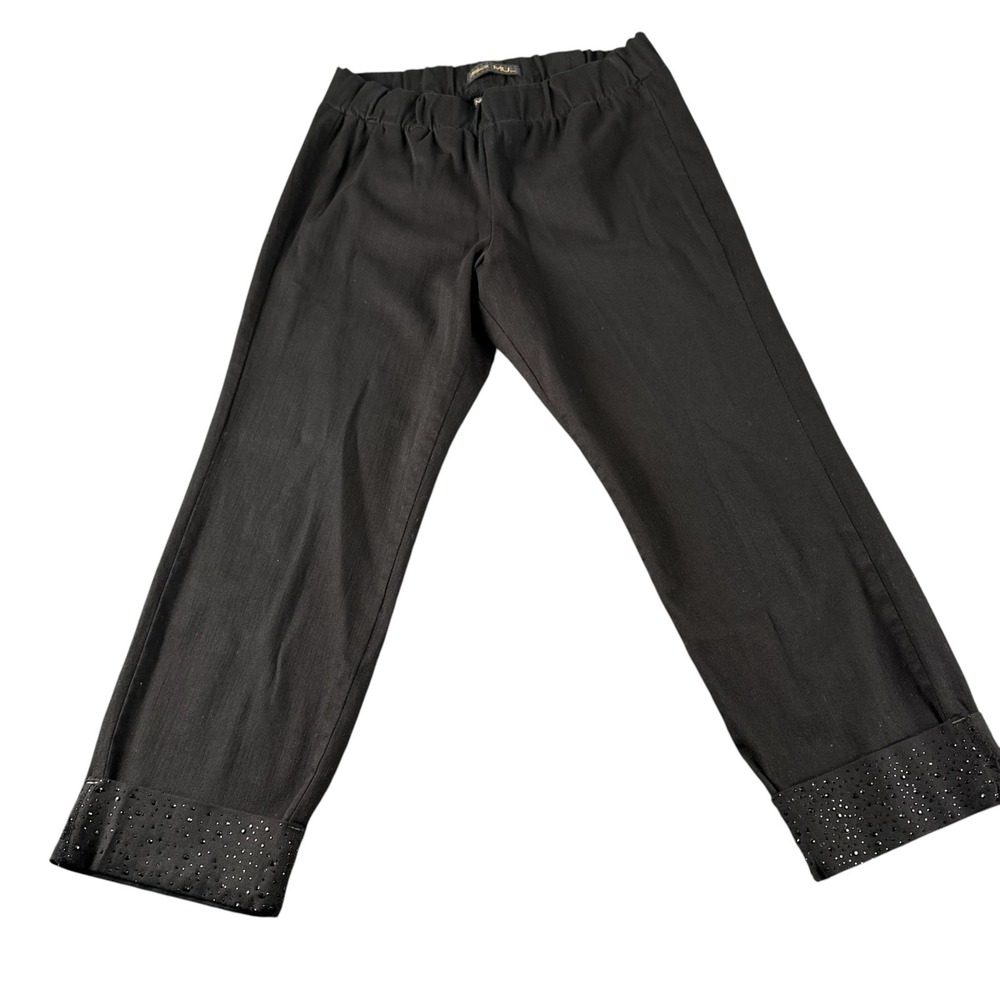 Makers USA Black Cropped Pants Womens L Rhinestone Cuff Pull On Stretch 459